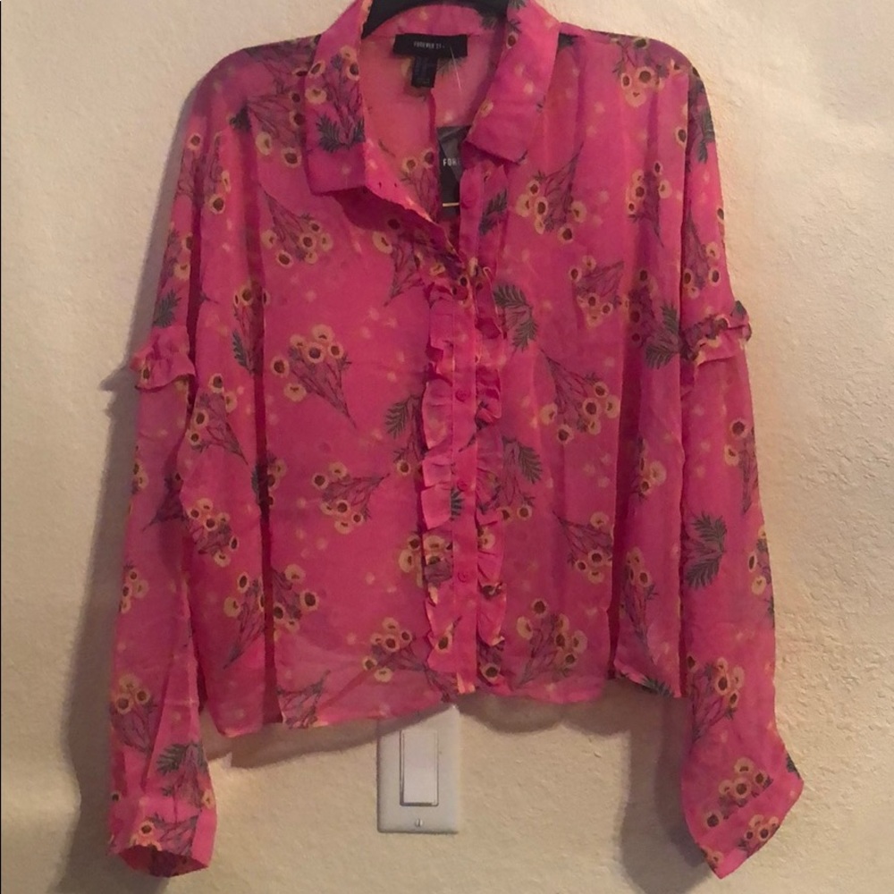 Forever 21 Sheer Floral Trim Shirt